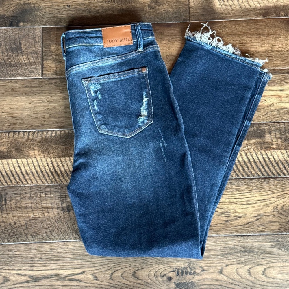 Judy Blue High Rise Straight Fit Distressed Raw Hem Jeans Dark Wash JB88819 9/29